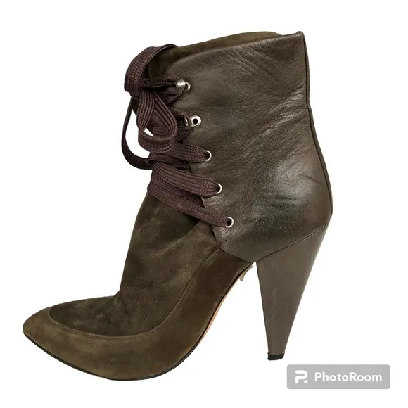 IRO Kansas Pointed Toe Ankle Boots Olive Suede Leather Heeled Italian Booties