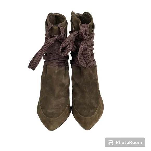 IRO Kansas Pointed Toe Ankle Boots Olive Suede Leather Heeled Italian Booties