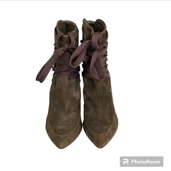 IRO Kansas Pointed Toe Ankle Boots Olive Suede Leather Heeled Italian Booties