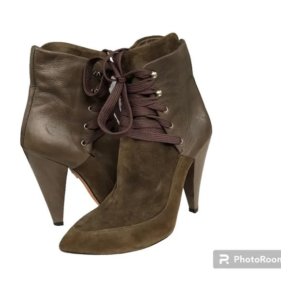 IRO Kansas Pointed Toe Ankle Boots Olive Suede Leather Heeled Italian Booties