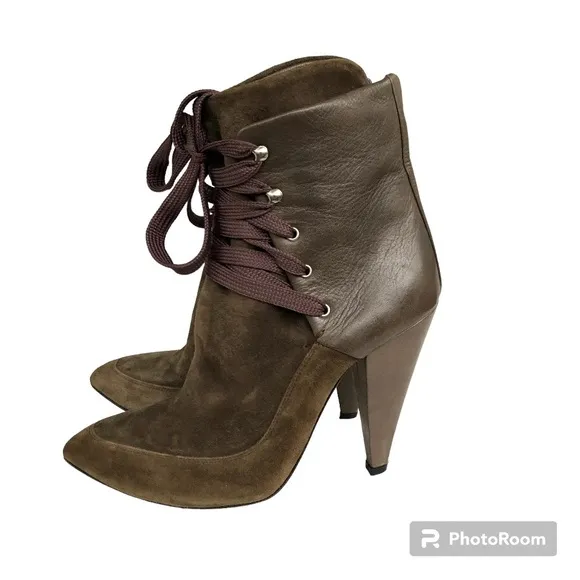 IRO Kansas Pointed Toe Ankle Boots Olive Suede Leather Heeled Italian Booties