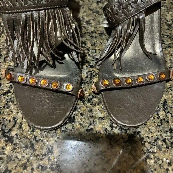 Isabella Fiore Fringed Leather Sandals with Gem Accents
