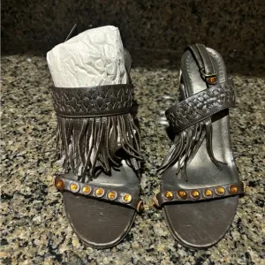Isabella Fiore Fringed Leather Sandals with Gem Accents