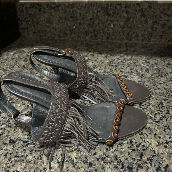 Isabella Fiore Fringed Leather Sandals with Gem Accents