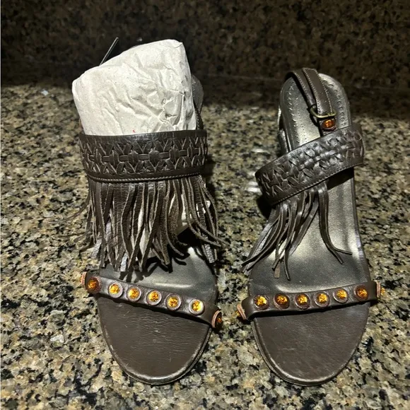 Isabella Fiore Fringed Leather Sandals with Gem Accents