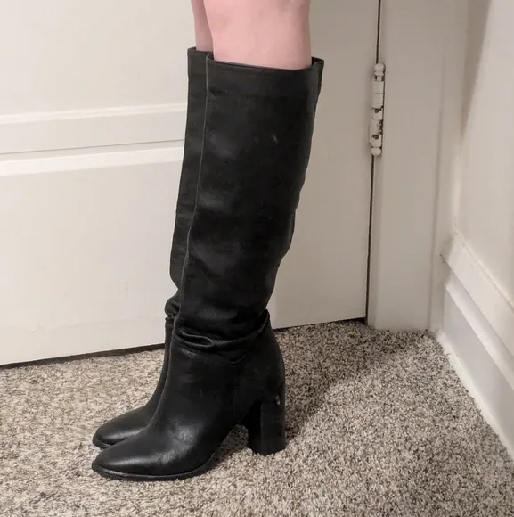 Italian leather black knee-high heel boots slouchy 8.5 lavorazione artiginale