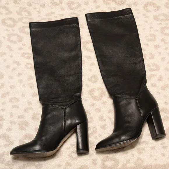 Italian leather black knee-high heel boots slouchy 8.5 lavorazione artiginale