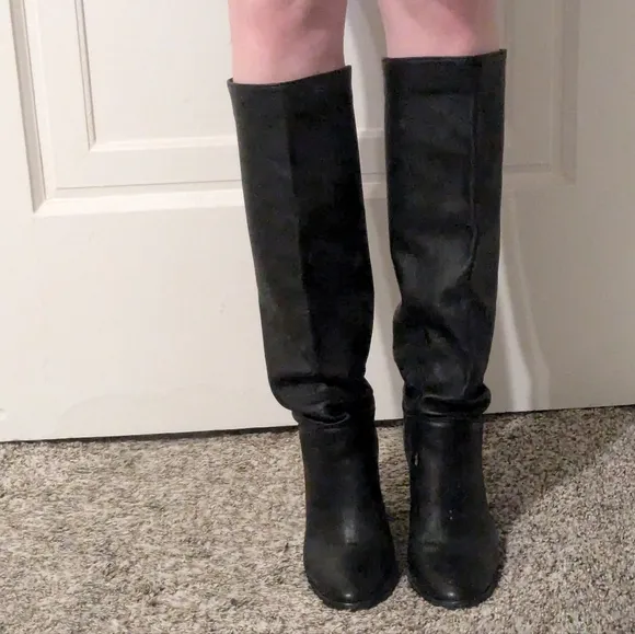 Italian leather black knee-high heel boots slouchy 8.5 lavorazione artiginale