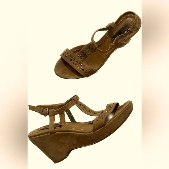 Italian Rich Brown Genuine Leather Suede Progetto Studded Wedge Sandals 38 7.5
