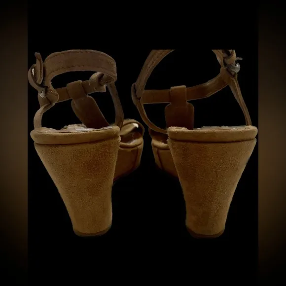Italian Rich Brown Genuine Leather Suede Progetto Studded Wedge Sandals 38 7.5
