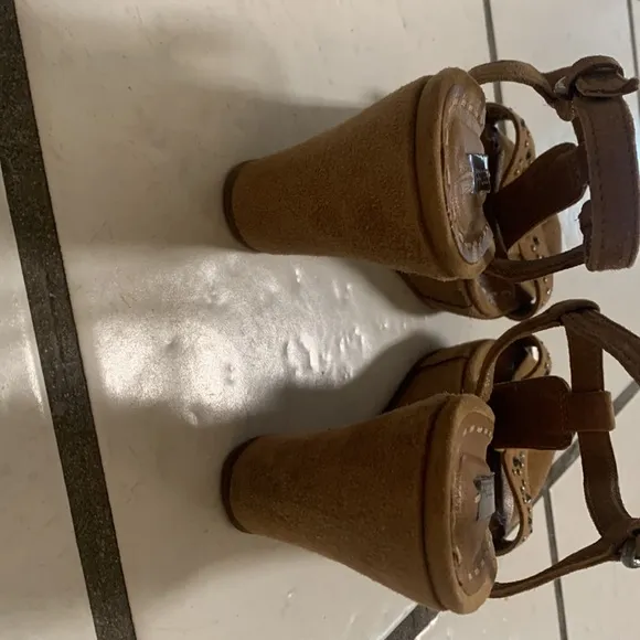 Italian Rich Brown Genuine Leather Suede Progetto Studded Wedge Sandals 38 7.5