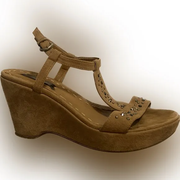 Italian Rich Brown Genuine Leather Suede Progetto Studded Wedge Sandals 38 7.5