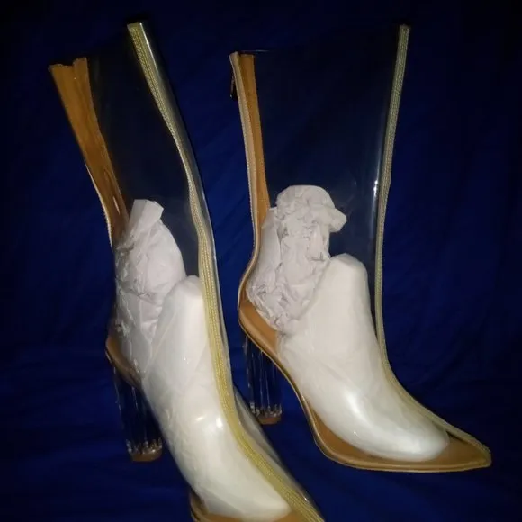 IT'S CLEAR TO SEE  MID CALF POINTED TOE BLOCK HIGH HEEL BOOTS ( BRAND NEW !!! )