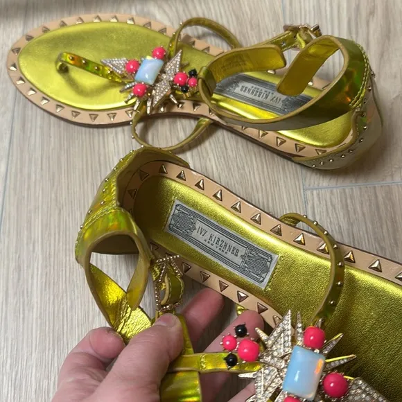 Ivy Kirzhner Babel Sandals Studded Metallic Yellow and Gold Size 8