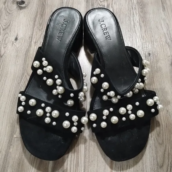 J. Crew Suede Pearl Studded Double Strap Slide Sandals Women's Size 7.5