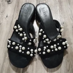 J. Crew Suede Pearl Studded Double Strap Slide Sandals Women's Size 7.5
