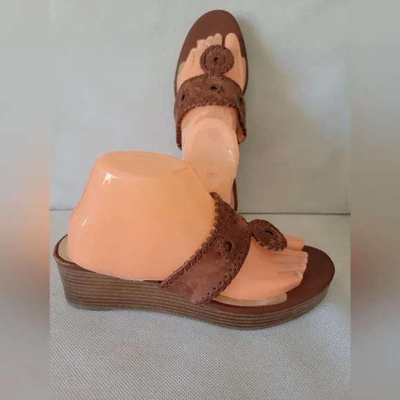 JACK ROGERS GINGHAM TAN LEATHER 2&quot; WEDGE HEEL SANDALS (sz 8.5)