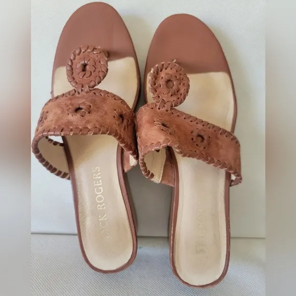 JACK ROGERS GINGHAM TAN LEATHER 2&quot; WEDGE HEEL SANDALS (sz 8.5)