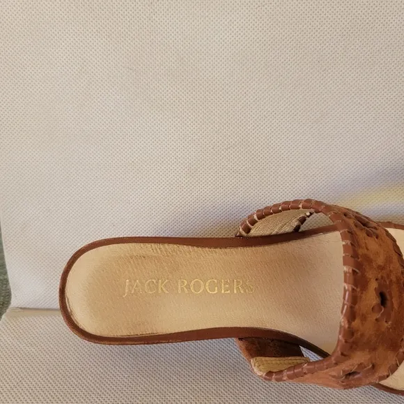 JACK ROGERS GINGHAM TAN LEATHER 2&quot; WEDGE HEEL SANDALS (sz 8.5)