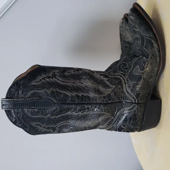 JB Dillon Western Cowboy Boots Mens sz 10.5 Goat Tooled Distressed Leather Black