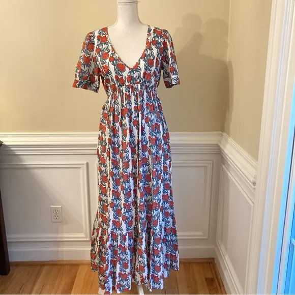JCREW Beach Red White Blue Poppy Floral Print V Neck Cotton Maxi Dress Cover