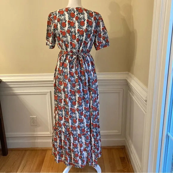 JCREW Beach Red White Blue Poppy Floral Print V Neck Cotton Maxi Dress Cover