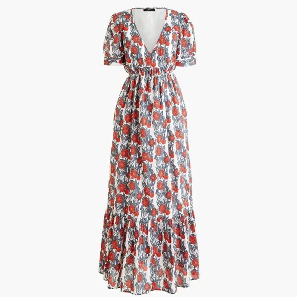 JCREW Beach Red White Blue Poppy Floral Print V Neck Cotton Maxi Dress Cover