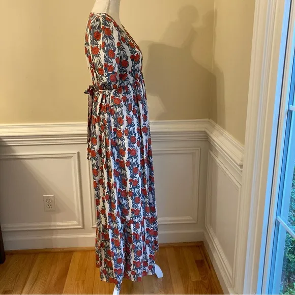 JCREW Beach Red White Blue Poppy Floral Print V Neck Cotton Maxi Dress Cover