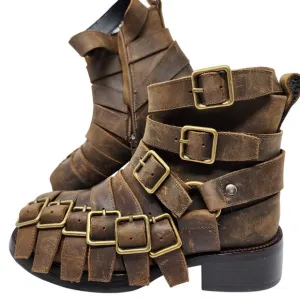 Jeffrey Campbell Brown Leather Belted-Up Buckle Ankle Boots  Women's 5