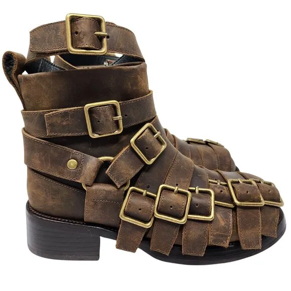 Jeffrey Campbell Brown Leather Belted-Up Buckle Ankle Boots  Women's 5