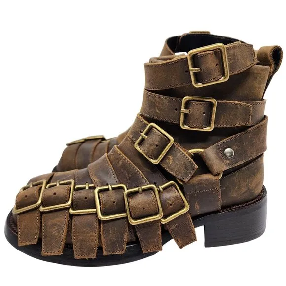 Jeffrey Campbell Brown Leather Belted-Up Buckle Ankle Boots  Women's 5