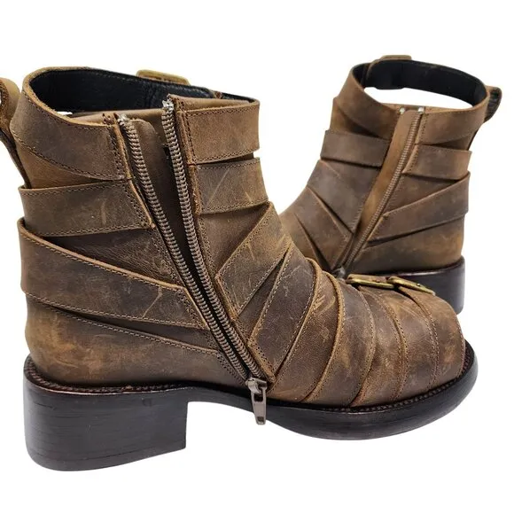 Jeffrey Campbell Brown Leather Belted-Up Buckle Ankle Boots  Women's 5
