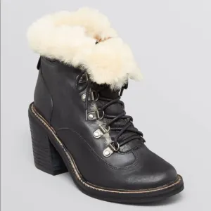 JEFFREY CAMPBELL Shearling Cuff Chunky Lace Up Leather Boots