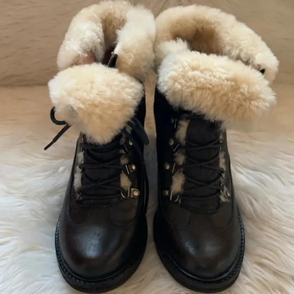 JEFFREY CAMPBELL Shearling Cuff Chunky Lace Up Leather Boots