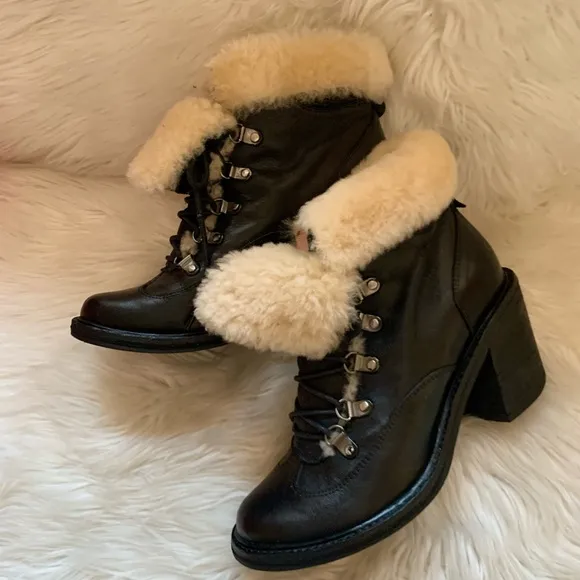 JEFFREY CAMPBELL Shearling Cuff Chunky Lace Up Leather Boots