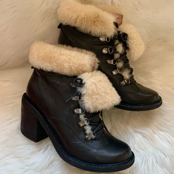 JEFFREY CAMPBELL Shearling Cuff Chunky Lace Up Leather Boots
