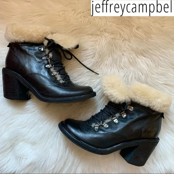 JEFFREY CAMPBELL Shearling Cuff Chunky Lace Up Leather Boots