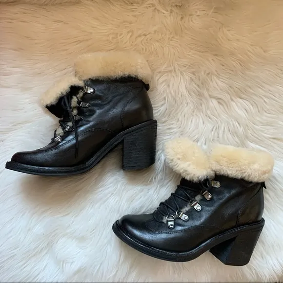 JEFFREY CAMPBELL Shearling Cuff Chunky Lace Up Leather Boots