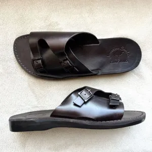 Jerusalem Dark Brown Stiff Leather Slide Sandal Men EU 47 US 13.5-14 Double Monk