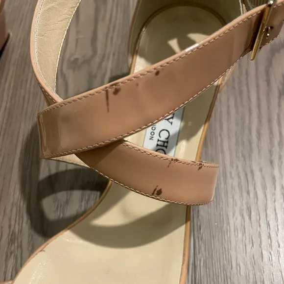 Jimmy Choo Beige Patent Leather Chiara Wedge Sandals