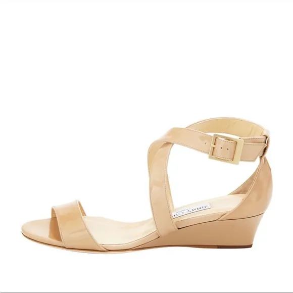 Jimmy Choo Beige Patent Leather Chiara Wedge Sandals