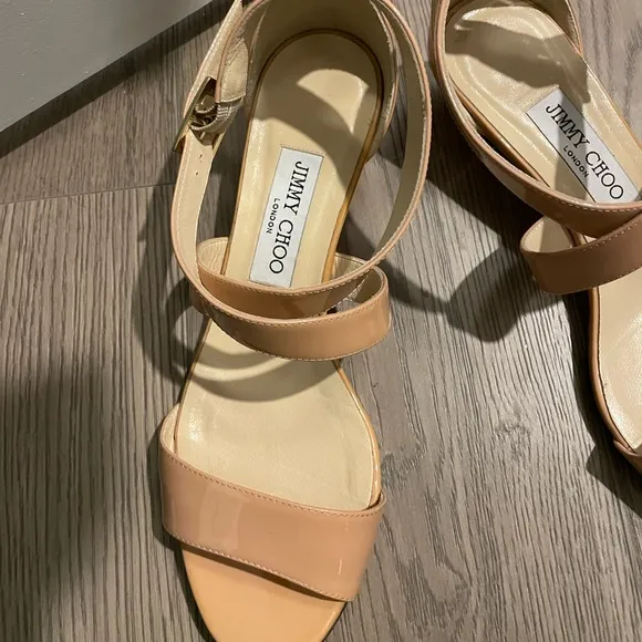 Jimmy Choo Beige Patent Leather Chiara Wedge Sandals