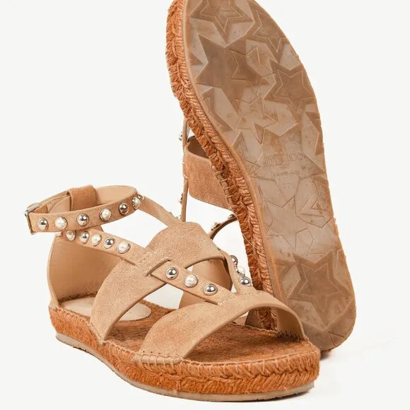 Jimmy Choo Denise Sand Dune Suede Studded Espadrille Sandals
