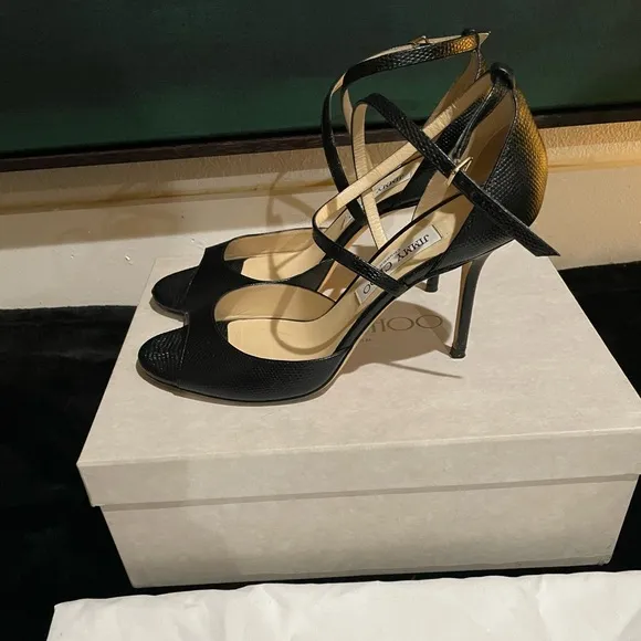 Jimmy Choo Emsy 85 black mini lizard printed leather sandals