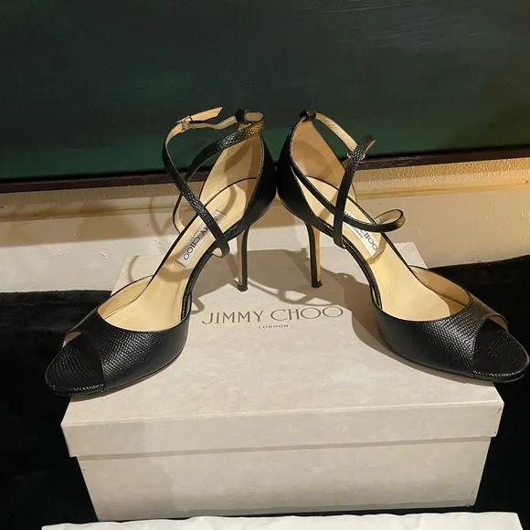 Jimmy Choo Emsy 85 black mini lizard printed leather sandals