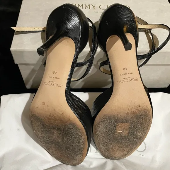 Jimmy Choo Emsy 85 black mini lizard printed leather sandals