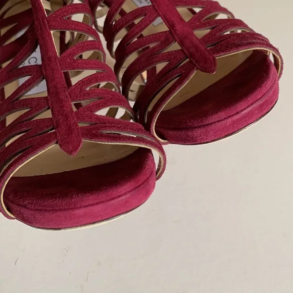 Jimmy Choo Platform Elaphe burgundy suede sandals