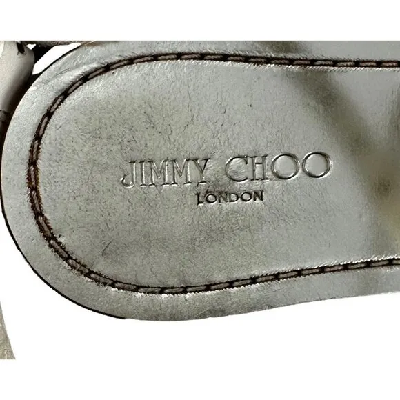 Jimmy Choo Silver Studded White Leather Ankle Wrap Toe Ring Sandals Size 36.5