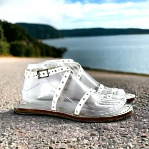 Jimmy Choo Silver Studded White Leather Ankle Wrap Toe Ring Sandals Size 36.5