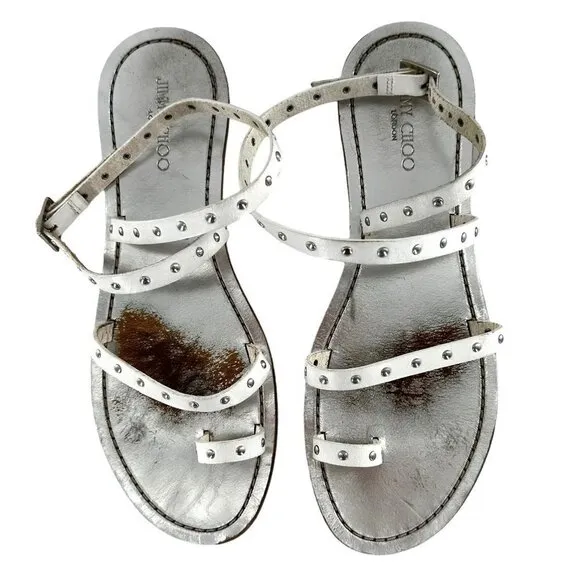 Jimmy Choo Silver Studded White Leather Ankle Wrap Toe Ring Sandals Size 36.5